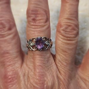 Silvertone Ring with Purple Stone and Rhinestone in beautiful setting